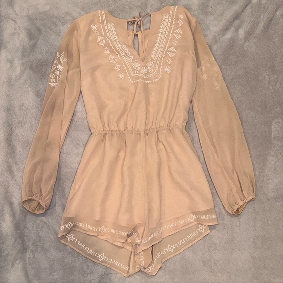 Forever 21 Pants - Forever 21 Tan Embroidered Flowy Romper